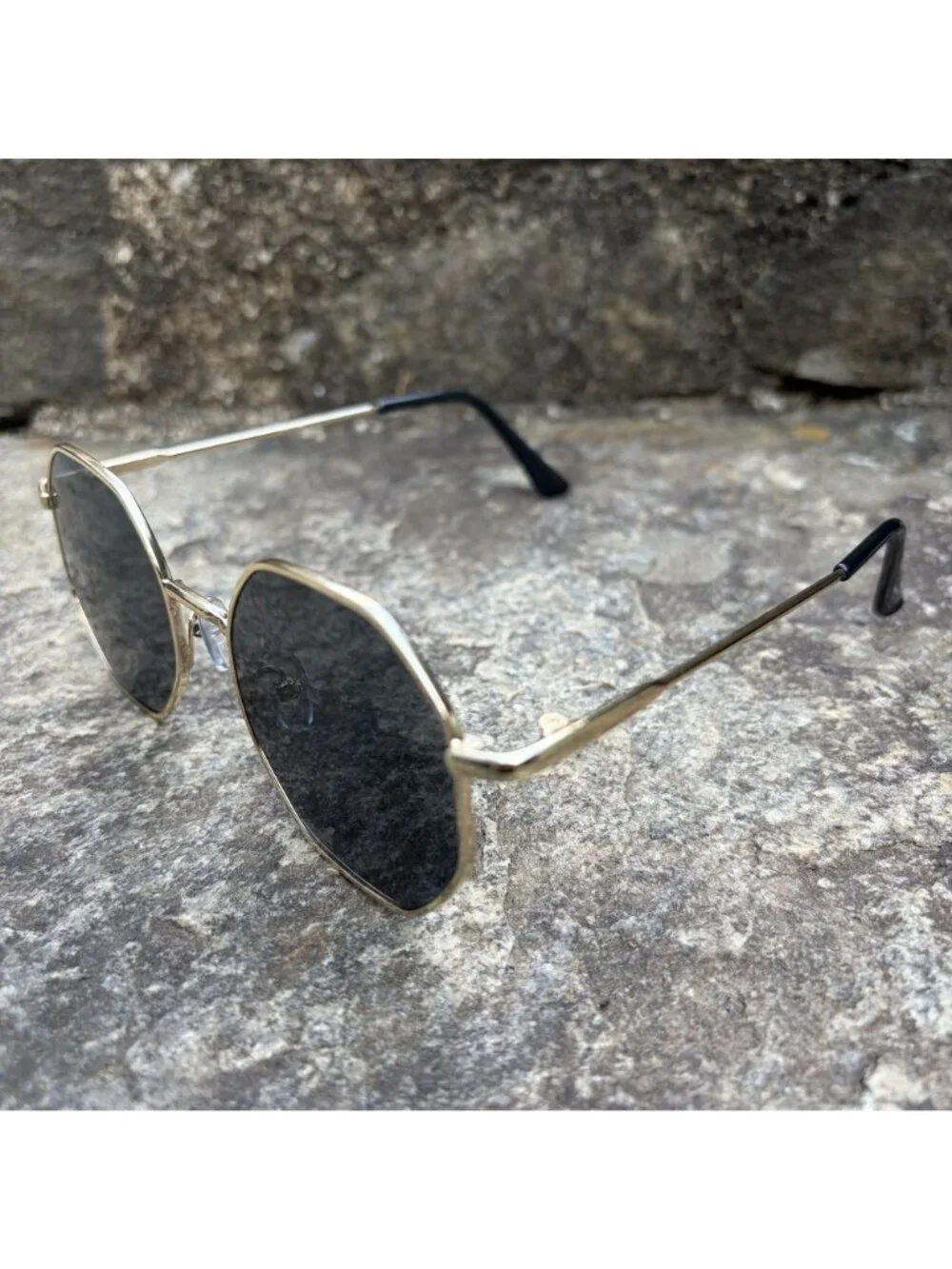 70s Gold Geometric Octagon Sunglasses Retro Round Black Lens Boho Festival NEW